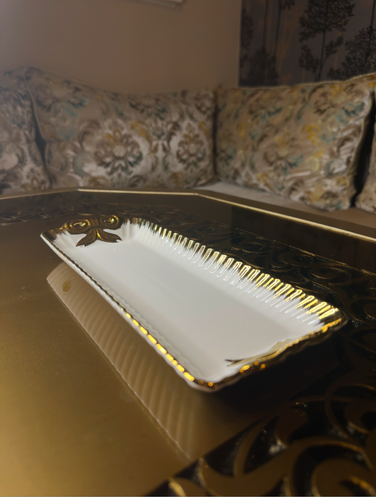 Ceramic White and Gold Serving Plate