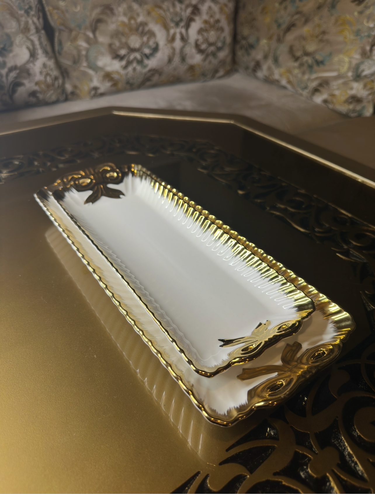 Ceramic White and Gold Serving Plate